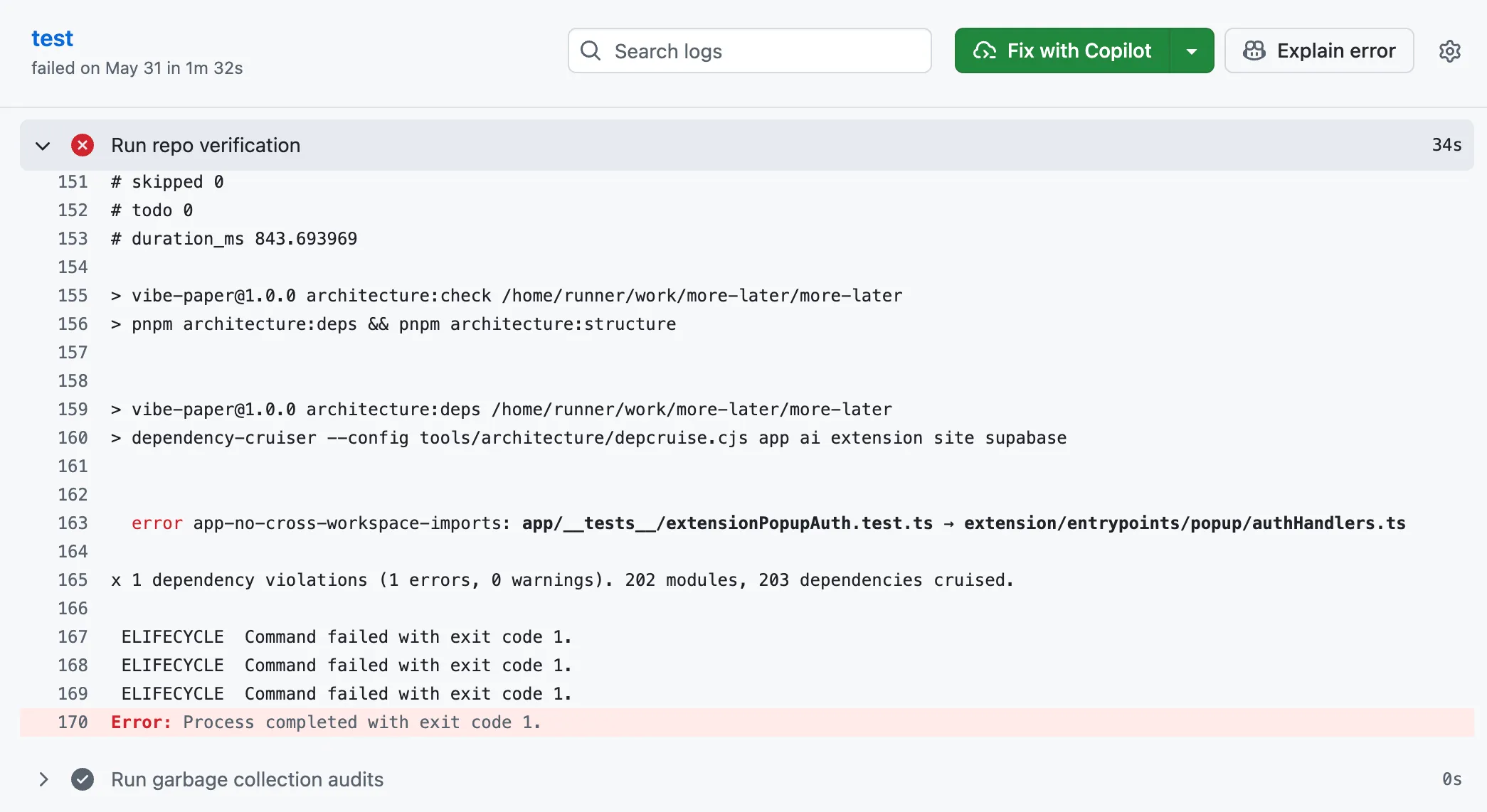 GitHub Actions log showing the architecture:check step failing. dependency-cruiser reports "error app-no-cross-workspace-imports: app/tests/extensionPopupAuth.test.ts → extension/entrypoints/popup/authHandlers.ts" followed by "1 dependency violations (1 errors, 0 warnings). 202 modules, 203 dependencies cruised."