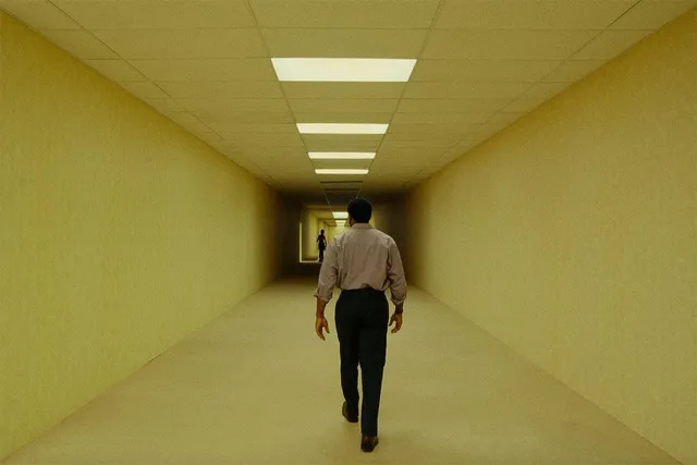 An empty, yellow-walled corridor lit by receding fluorescent ceiling panels — the liminal aesthetic of the Backrooms.