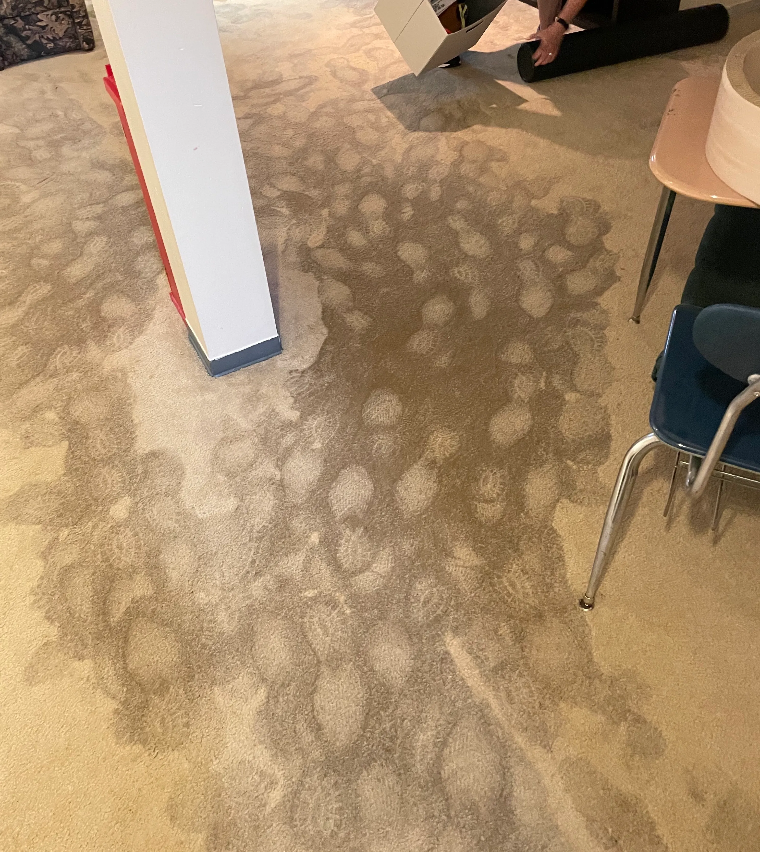 Wet footprints in carpet