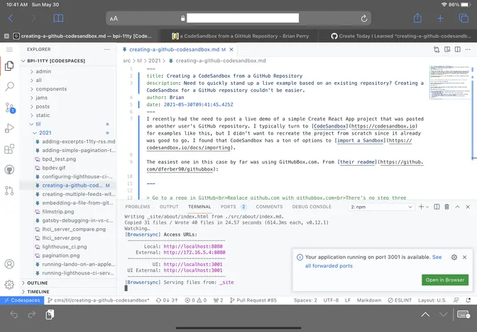 Editing a post using Codespaces on Safari iPadOS