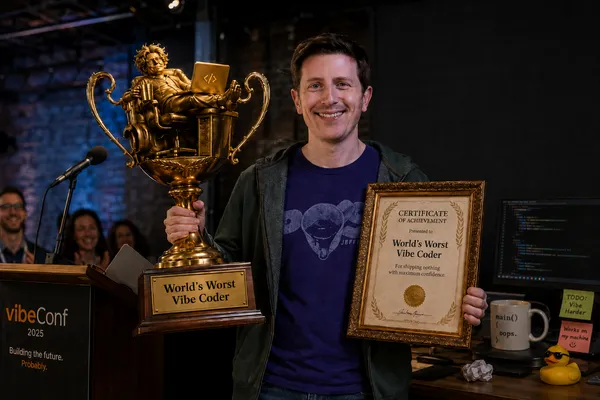 Brian accepting an award for world's worst vibe coder