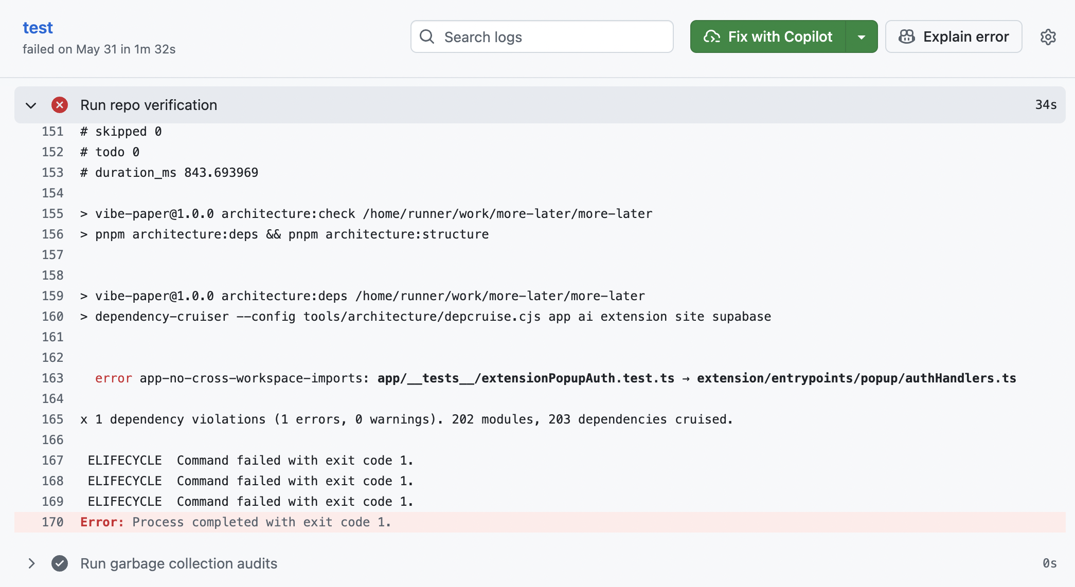 GitHub Actions log: dependency-cruiser fails architecture:check on app/__tests__/extensionPopupAuth.test.ts importing from the extension. 1 violation, 203 dependencies cruised, build exits 1.