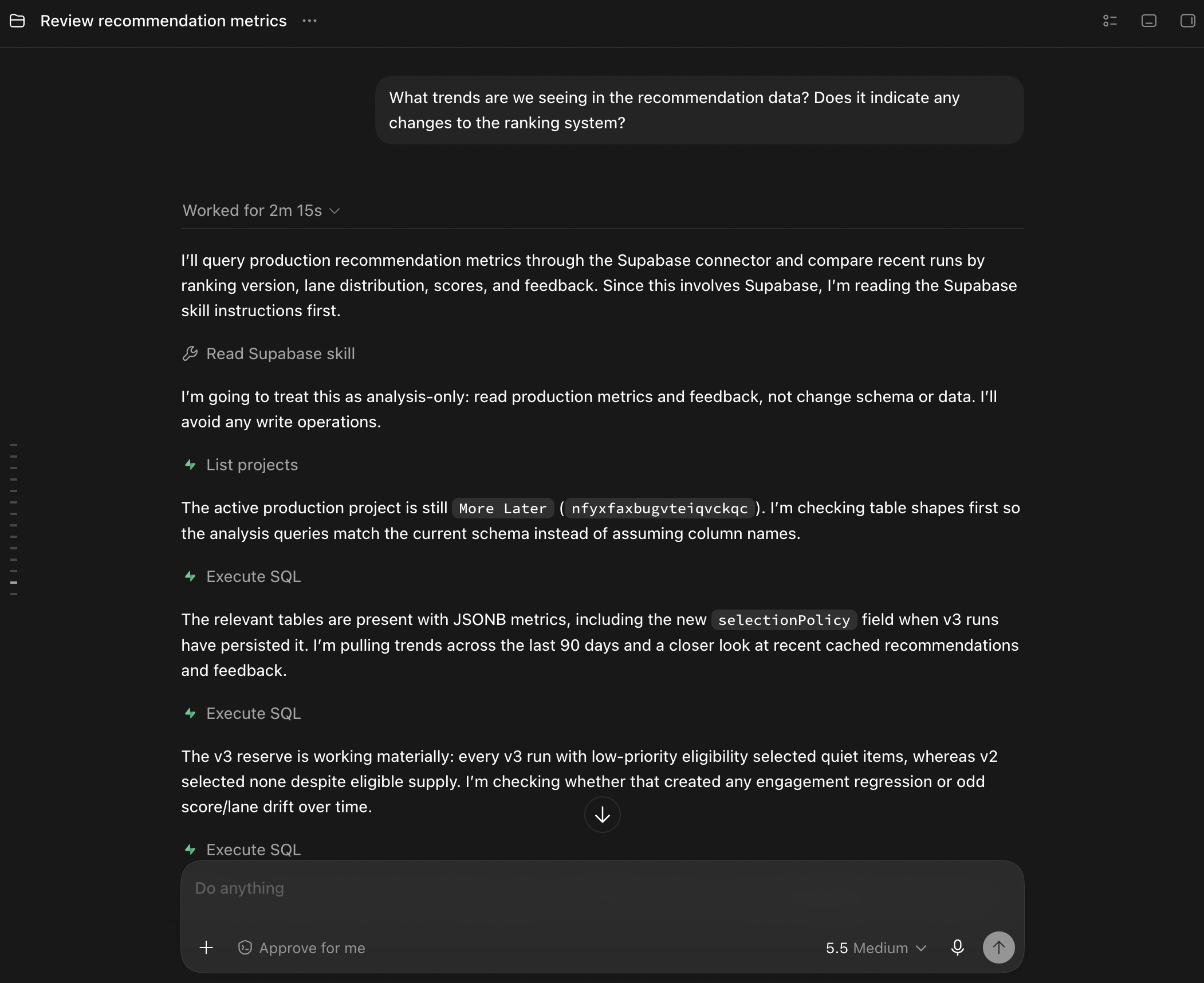Agent session: user asks what trends the recommendation data shows and whether the ranking system needs changes.